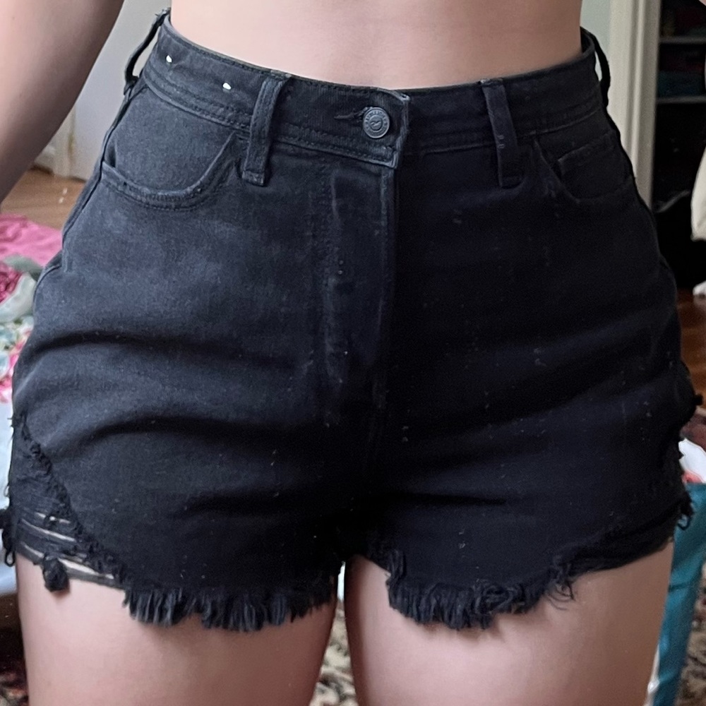 High waisted black denim shorts